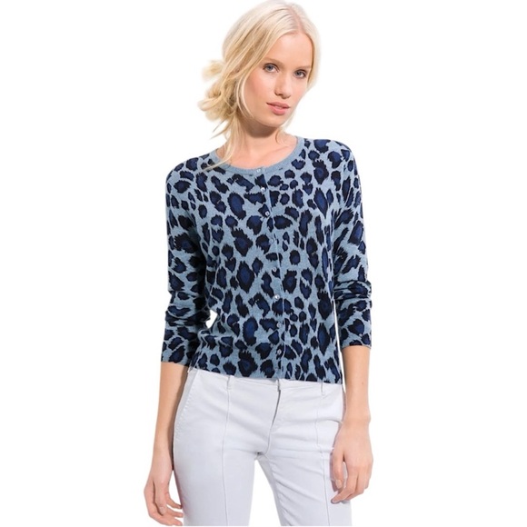 Autumn Cashmere Blue Leopard, Print Button Front 100% Cashmere Cardigan - Picture 1 of 9
